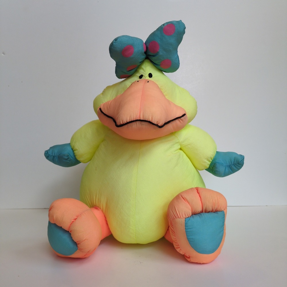 Vintage 90s Stuffins Lumpy's Gang Nylon Plush - Yellow Duck w/ Polka‎ Dot Bow